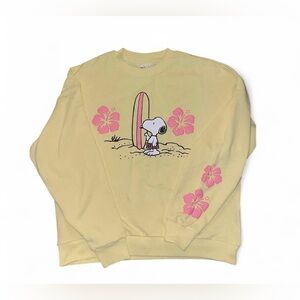 Peanuts Snoopy surfing hibiscus flowers yellow crewneck sweatshirt medium New